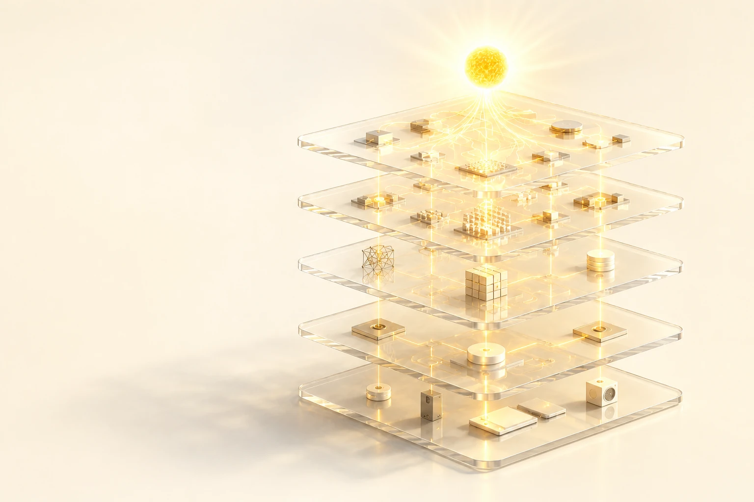 The orchestration sculpture fully illuminated: a radiant sun brings all five glass layers to life with brilliant golden connections.