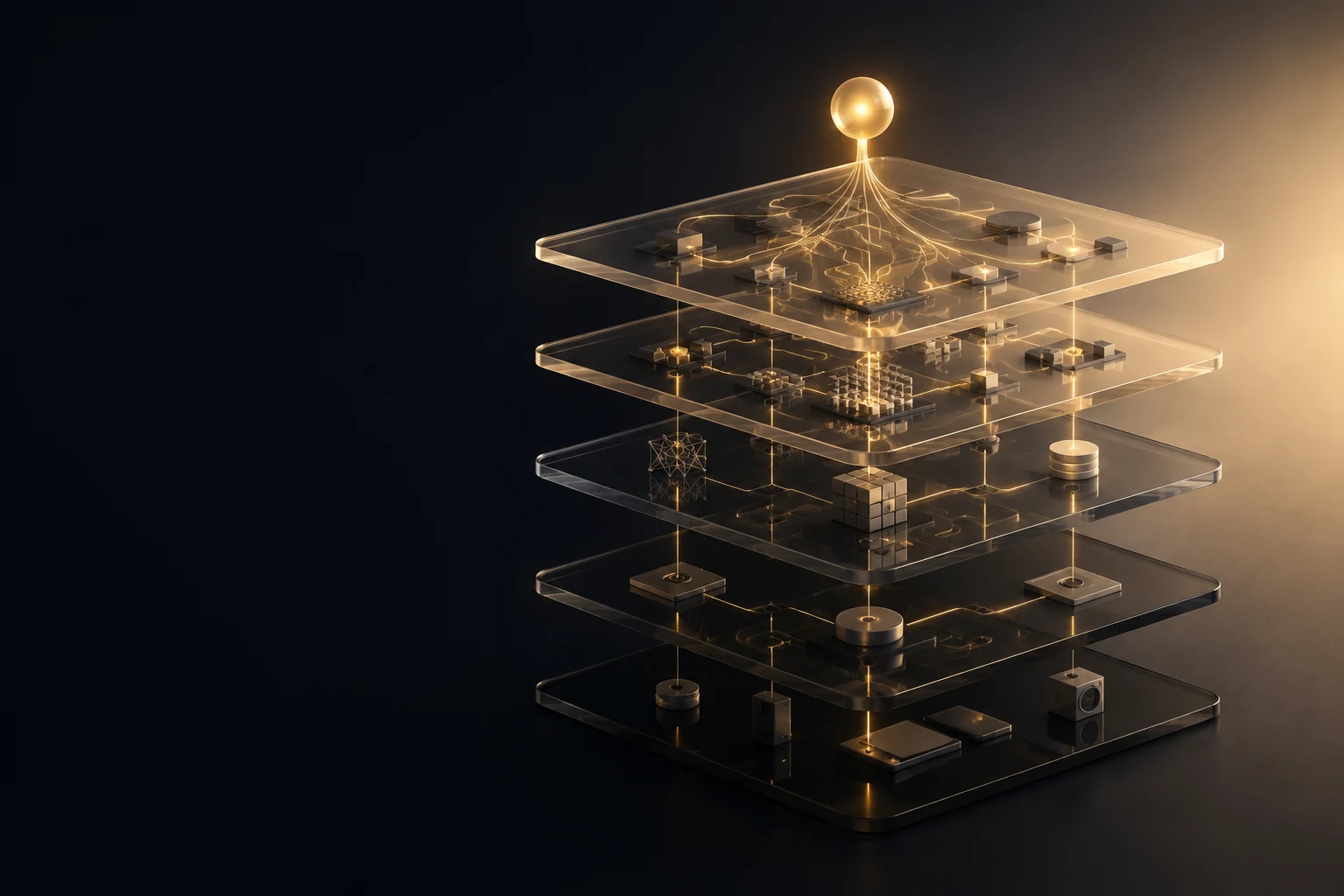 Five glass layers connected by warm light from a central sun, representing ApricusAI orchestration.